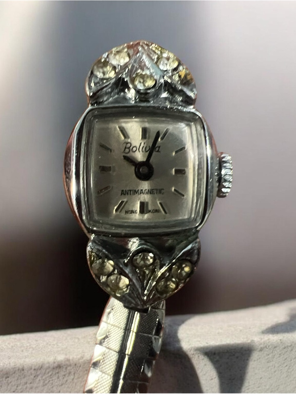 (624)Vintage Bolivia Silver-Tone Antimagnetic Watch with Rhinestone Details